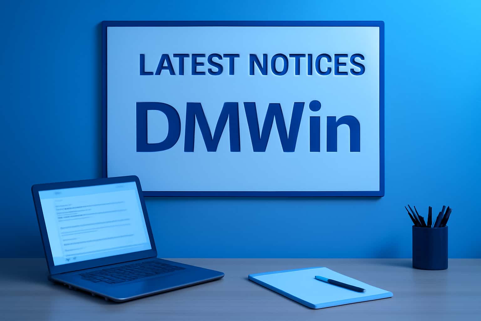 An informative graphic representing the latest DMWin notices with a focus on updates and user guidance.