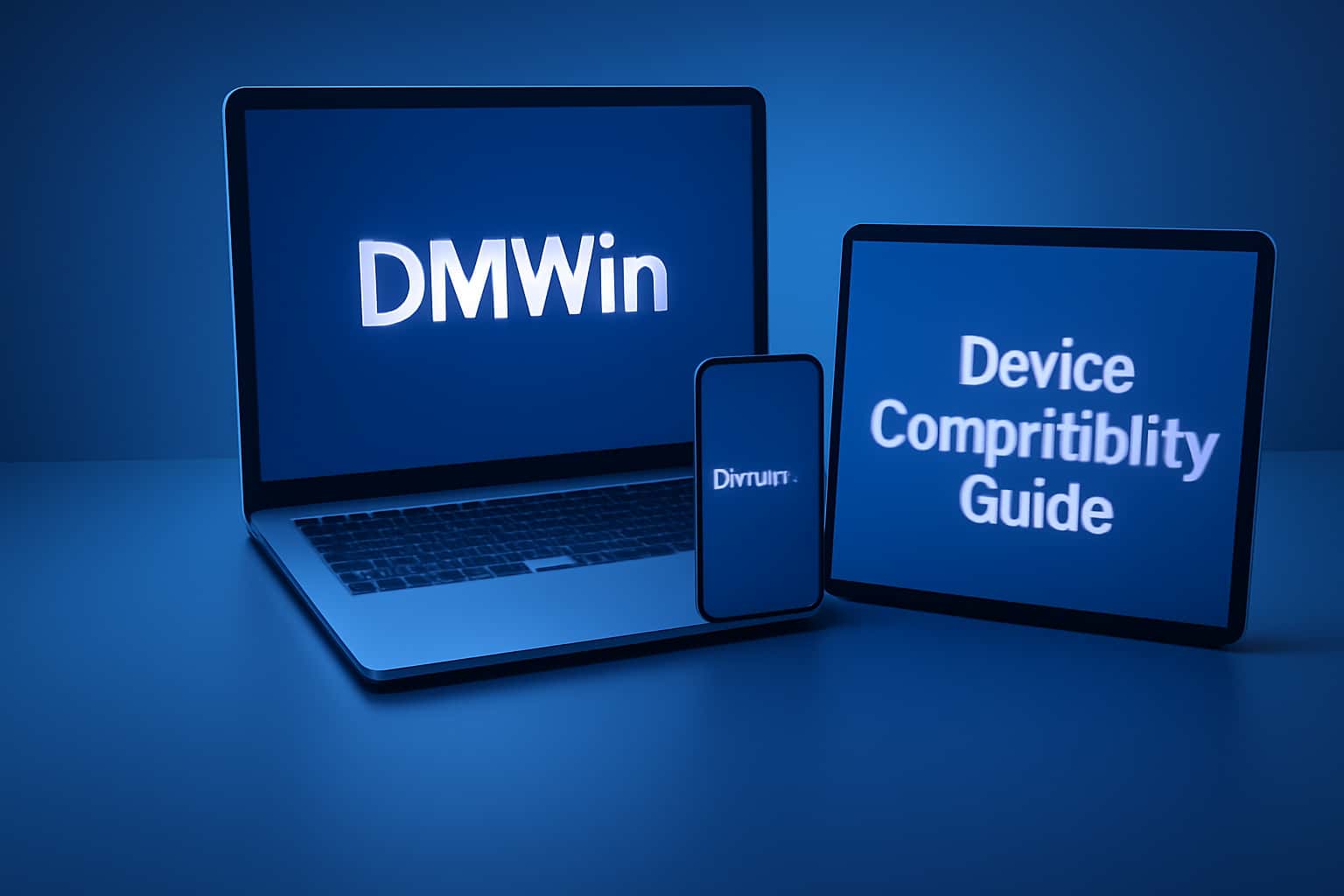 A neutral informational scene illustrating device compatibility for DMWin, featuring the title prominently.
