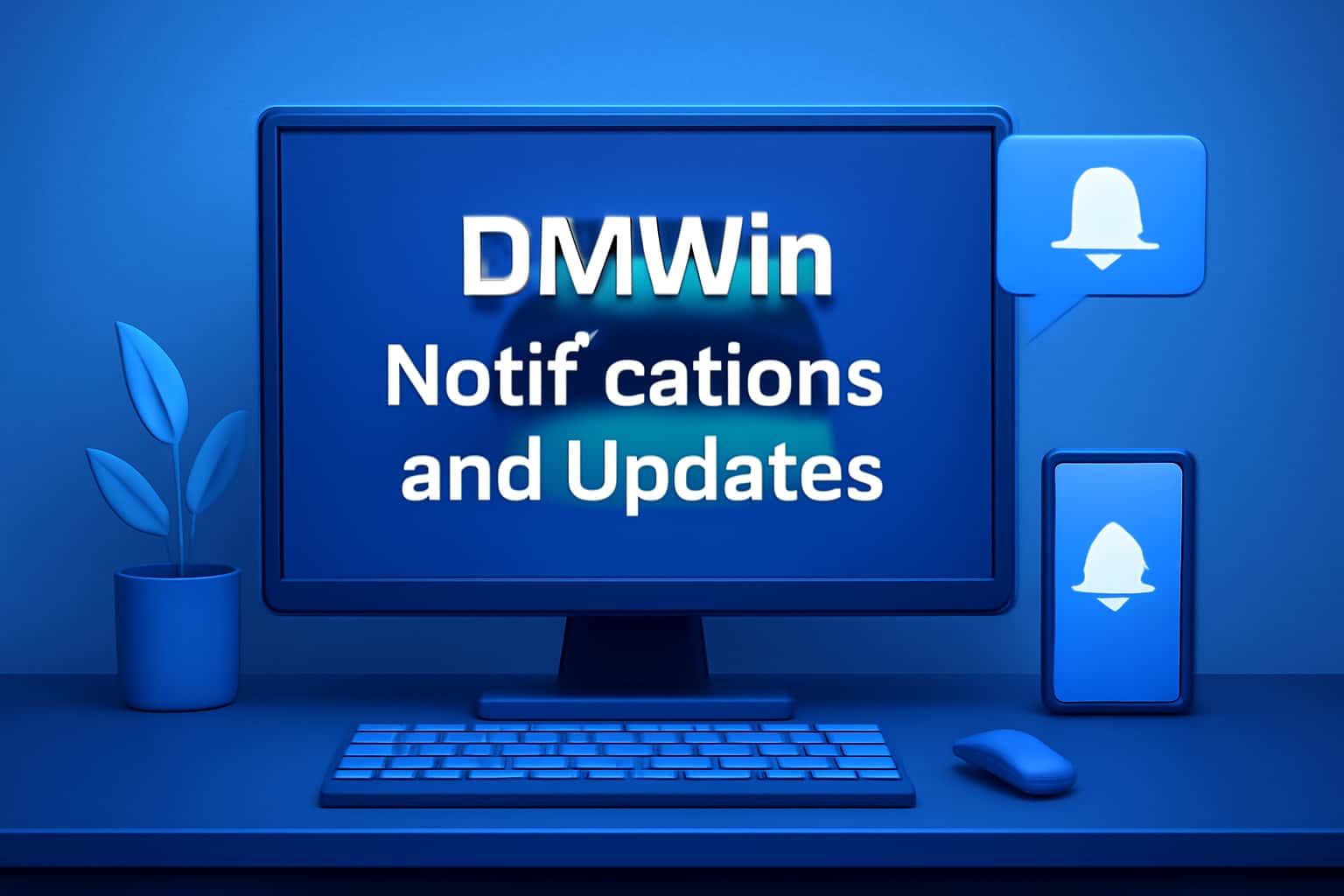 A professional scene illustrating DMWin Notifications and Updates, showcasing informative content in a high-tech aesthetic.
