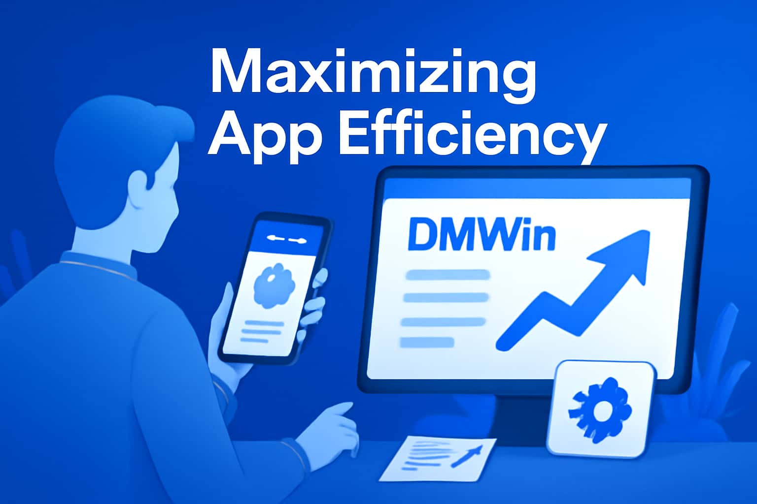 An informational graphic depicting the DMWin app interface with dynamic elements.