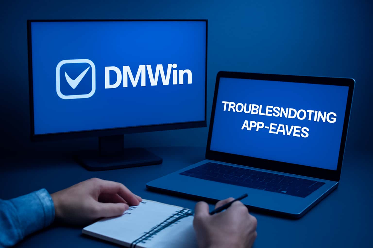 An informational graphic illustrating troubleshooting methods for DMWin app issues.